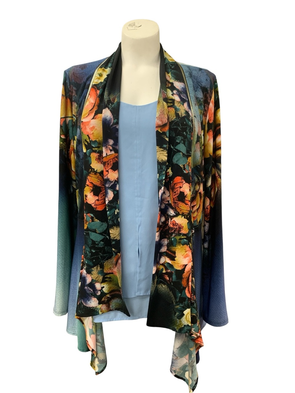 Floral Draped Open-Front Blazer - Blue Multi
